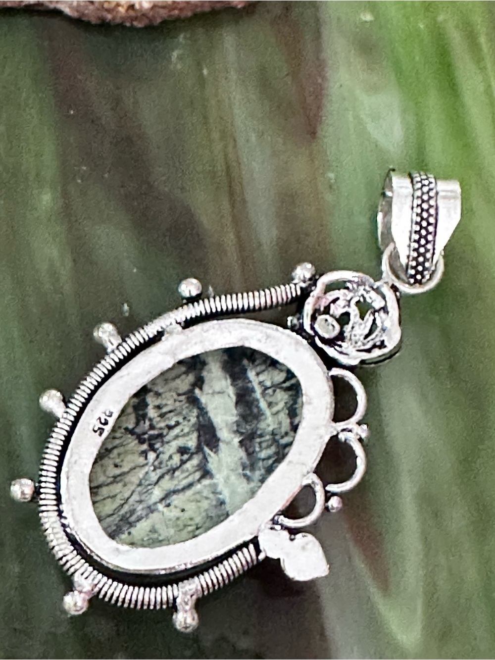 Artisan Silver Oval Green Dendritic Jasper Pendant Necklace with Rose Motif - Picture 6 of 13